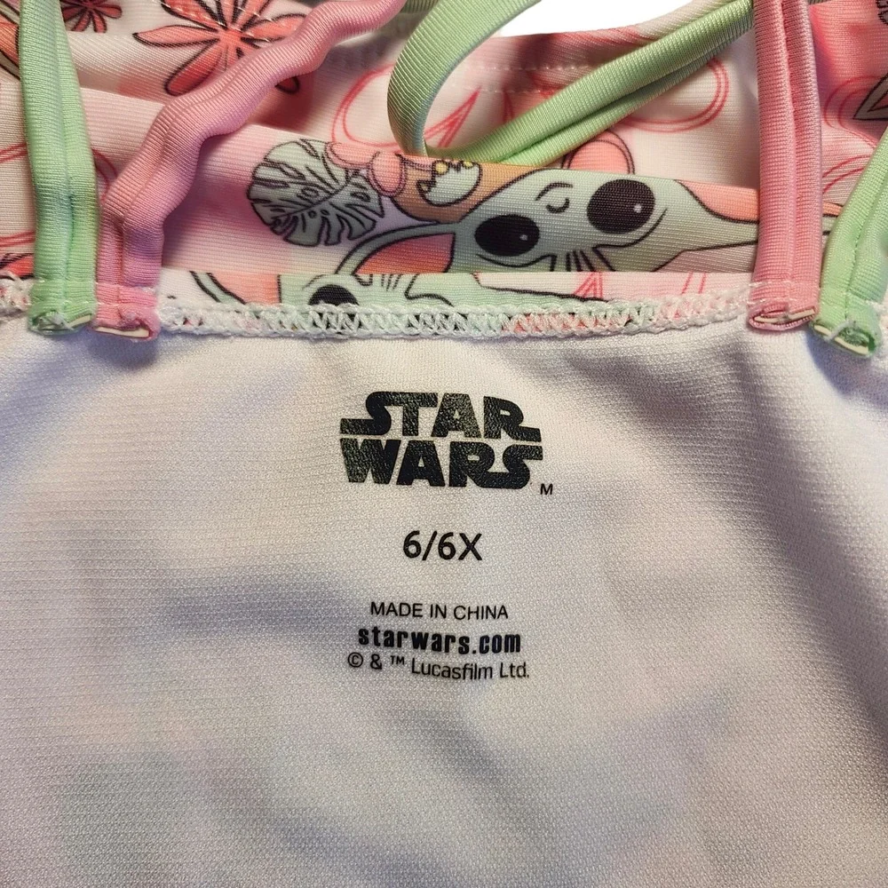Star Wars Grogu Baby Yoda Girls One Piece Swimsuit Pink Floral Size 6 6X Strappy